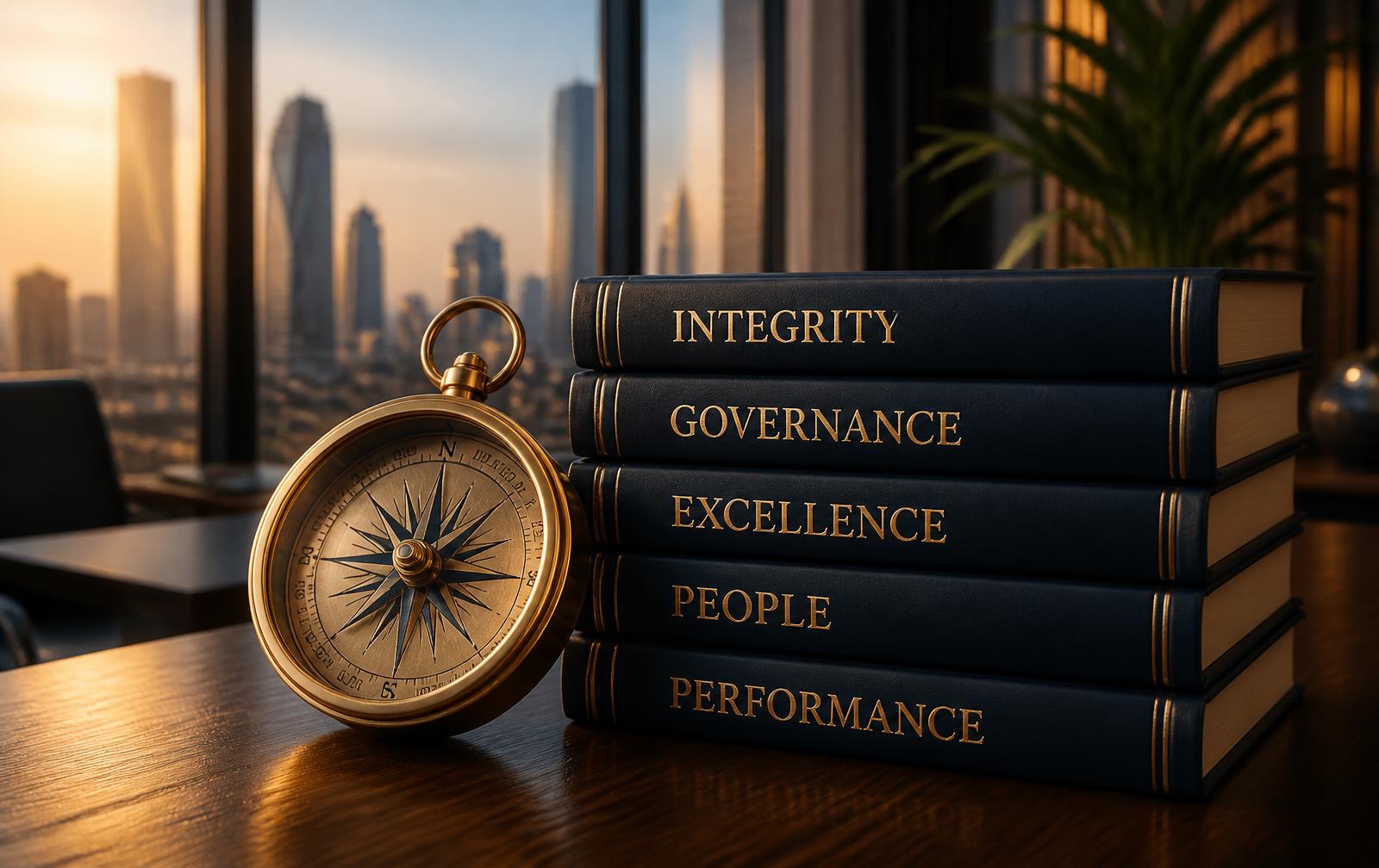 Golden compass beside navy books titled integrity, governance, excellence, people and performance in a modern office